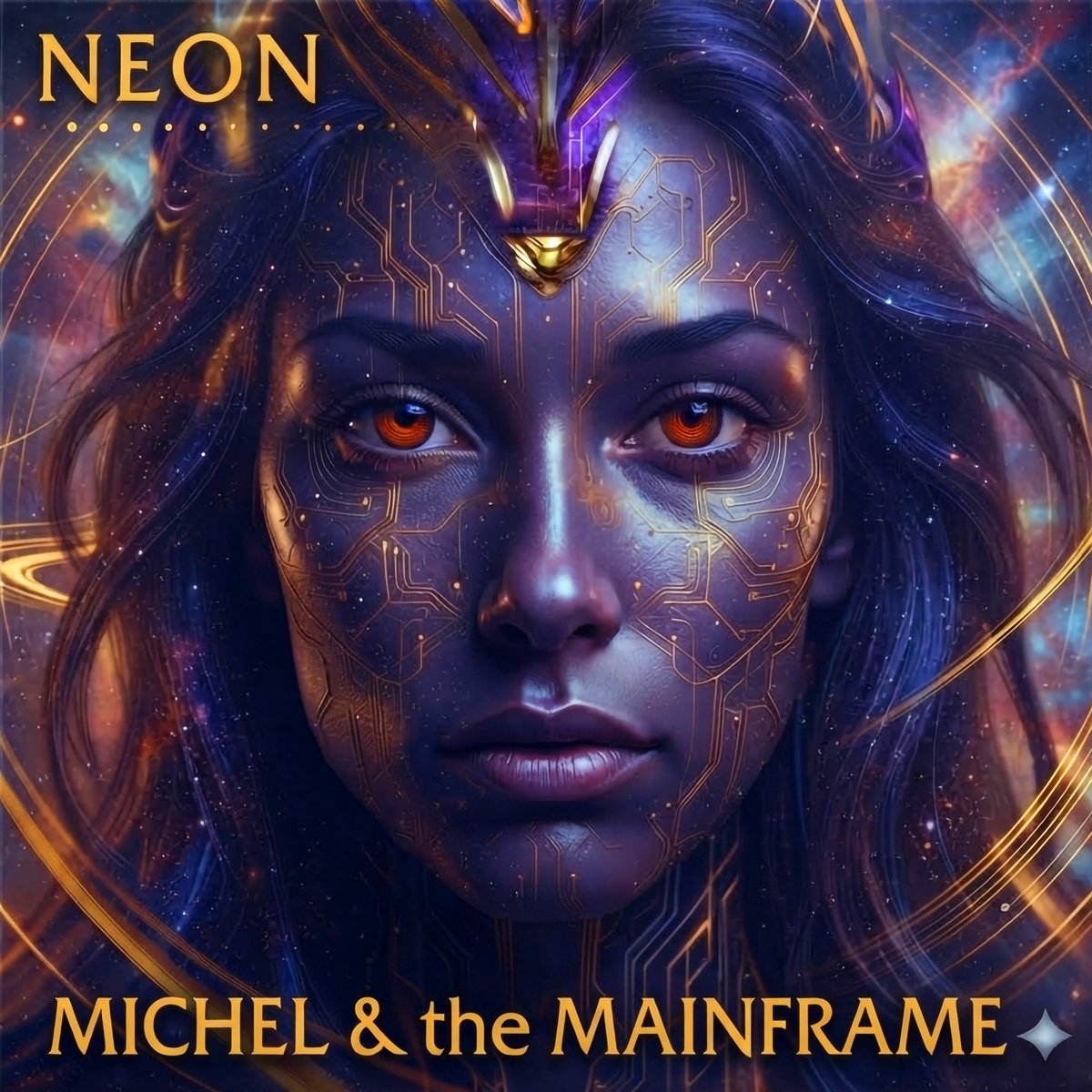 NEON album cover: a face traced with golden circuitry against a star field.